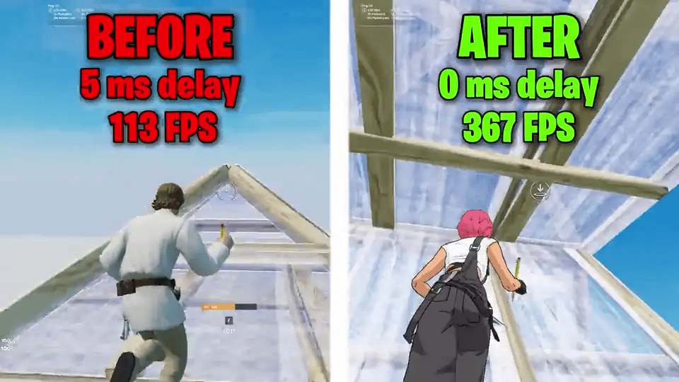 Before and after gameplay comparison: 113 FPS with 5 ms input delay before, 367 FPS with 0 ms after